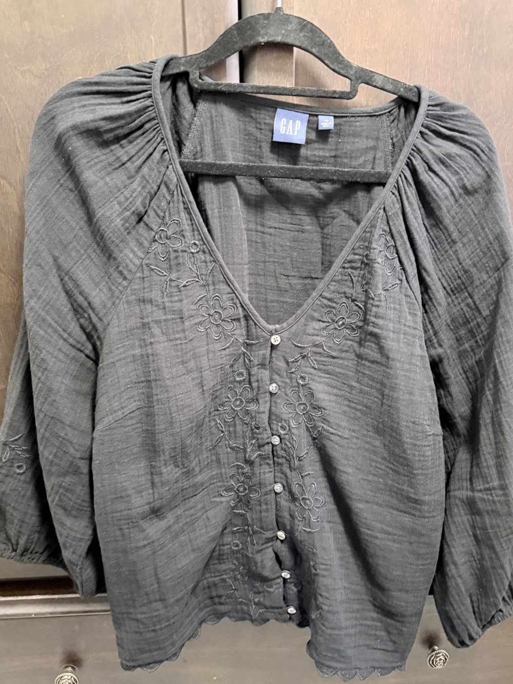 GAP Black Embroidered V-Neck Button Blouse